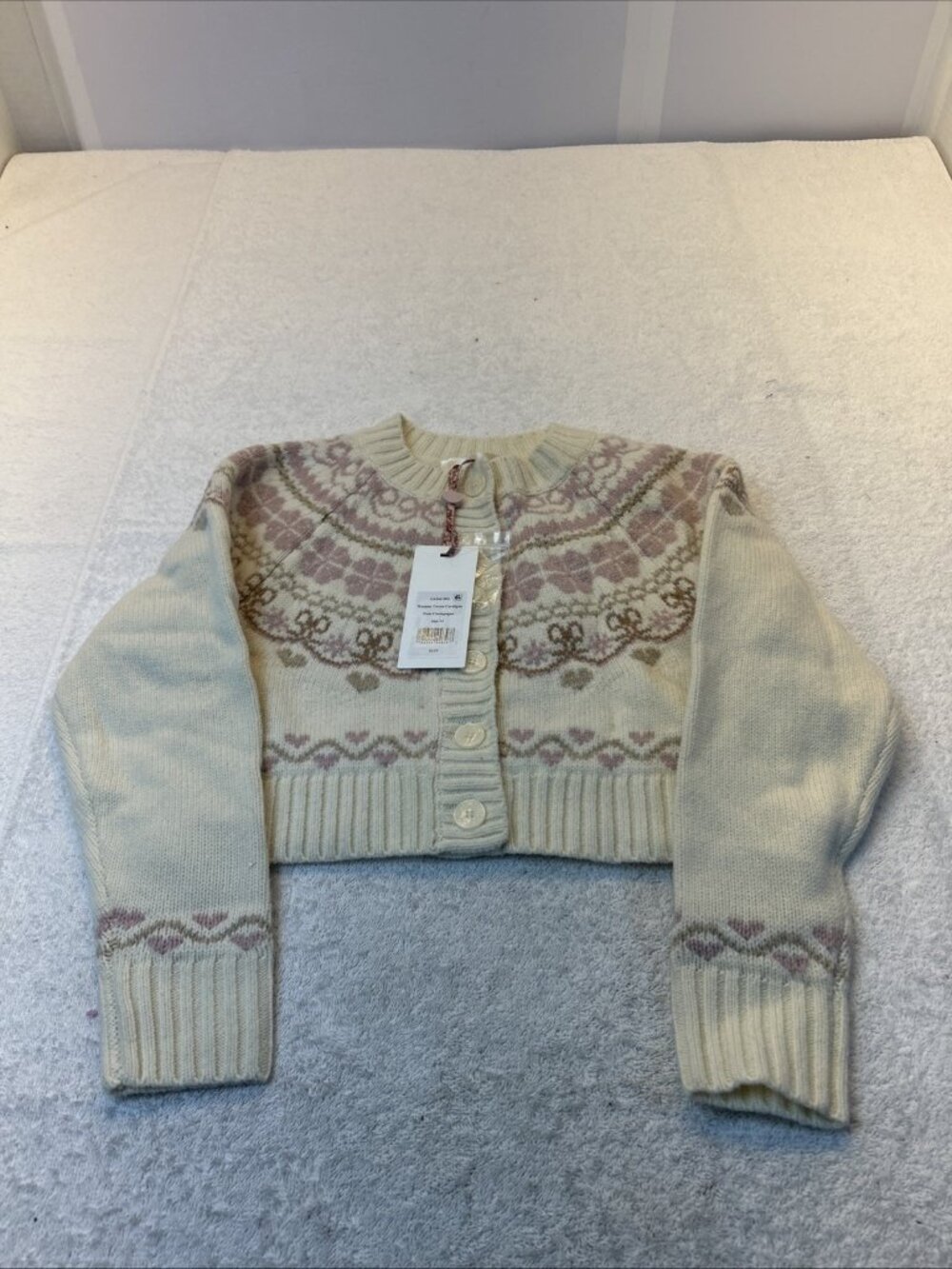 LoveShackFancy Girls Cream/Rose Cardigan Sweater 100% Wool Size M New w/Tags - Picture 2 of 11